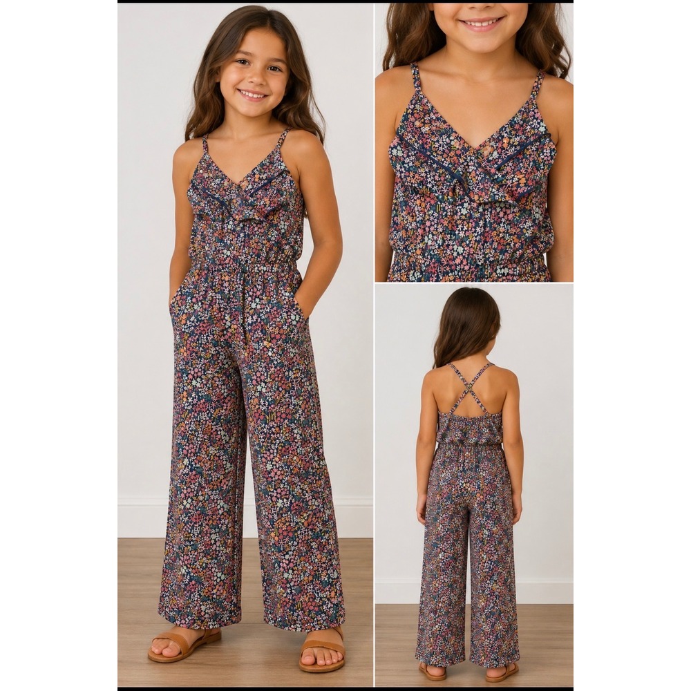Tea Collection Girls Floral Jumpsuit Navy Blue Pink Size 8 Adjustable Straps
